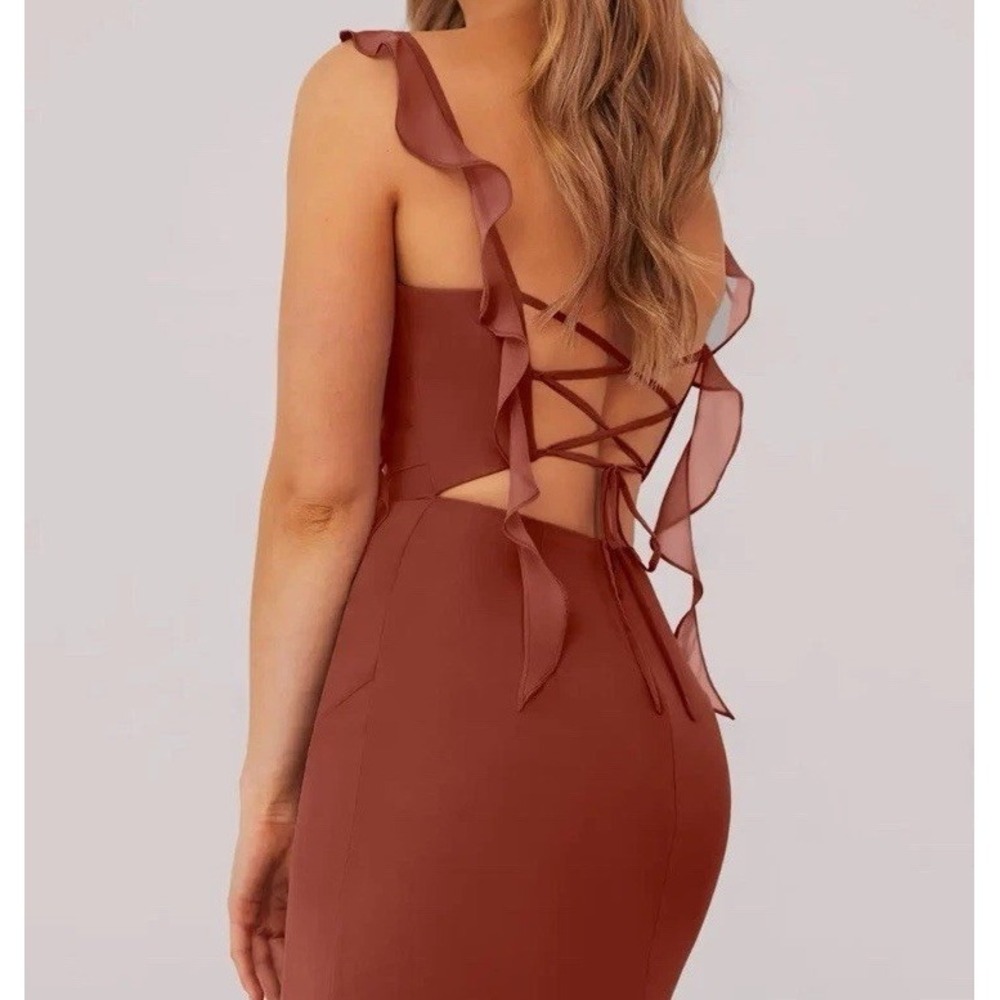 Azazie Rust Ruffled-Sleeve Column Gown - Picture 3 of 15